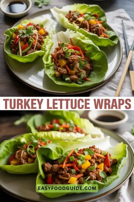 turkey-lettuce-wraps-02 A plate of turkey lettuce wraps with ground turkey, bell peppers, and carrots, garnished with green onions and cilantro.