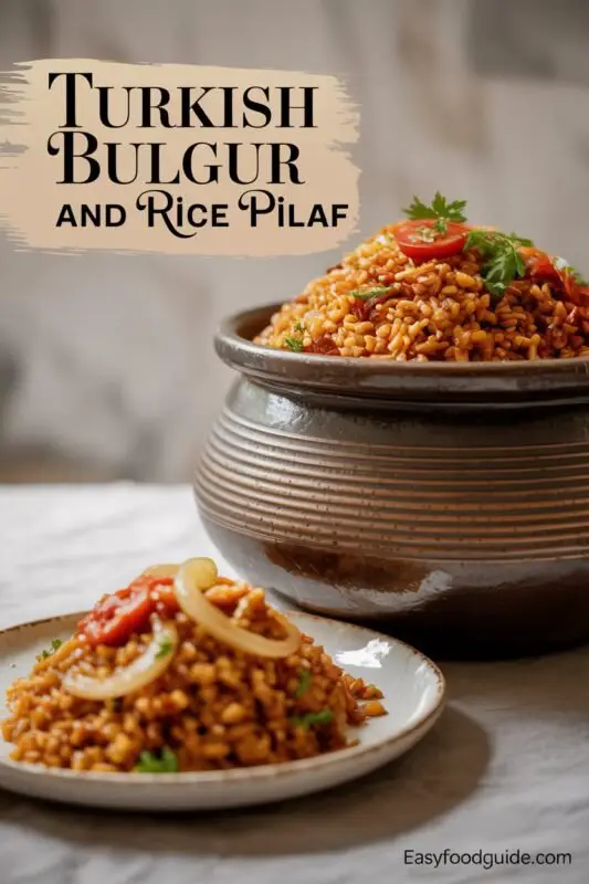 A colorful bowl of Turkish Bulgur and Rice Pilaf with tomatoes and parsley on a rustic table.