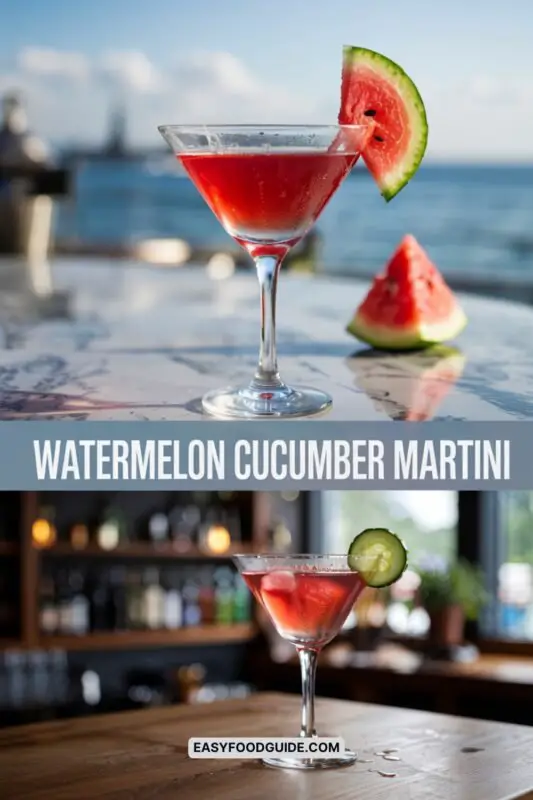 A refreshing watermelon cucumber martini in a sleek glass, garnished with watermelon and cucumber slices on a white bar counter.