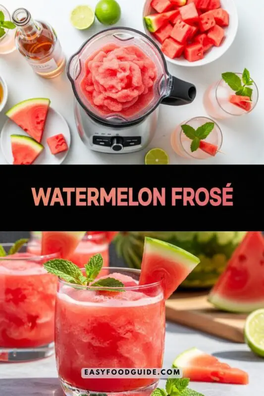 A refreshing watermelon frosé cocktail in a frozen glass, decorated with watermelon slices and mint, perfect for summer.