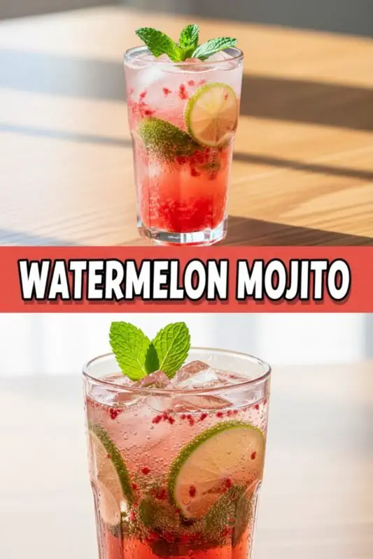 A tall glass of Watermelon Mojito with watermelon chunks, mint leaves, and lime, on a sunny patio table.