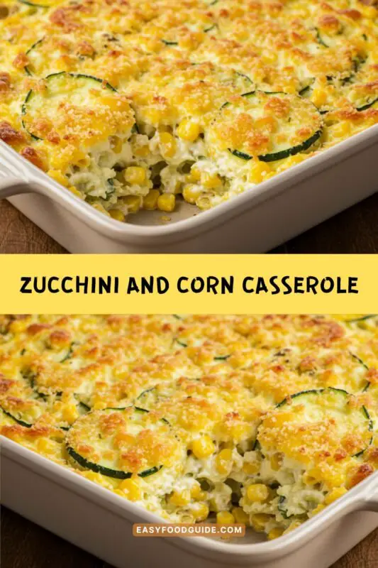 A cheesy zucchini and corn casserole with a crispy topping, served in a rustic dish on a wooden table.