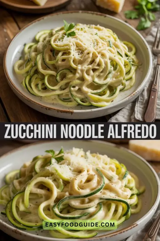 zucchini-noodle-alfredo-04 A bowl of Zucchini Noodle Alfredo with spiralized zucchini noodles in creamy sauce, garnished with parmesan cheese.