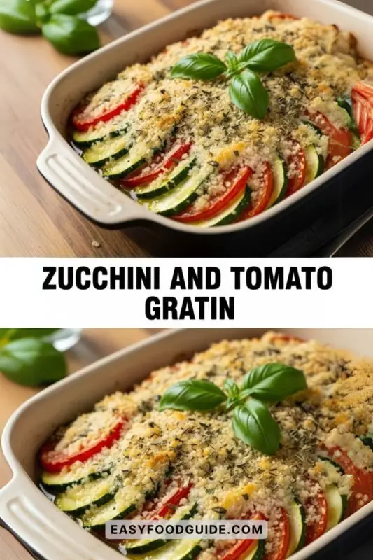 Zucchini and Tomato Gratin with crispy topping, fresh basil, on a marble countertop in a farmhouse kitchen.