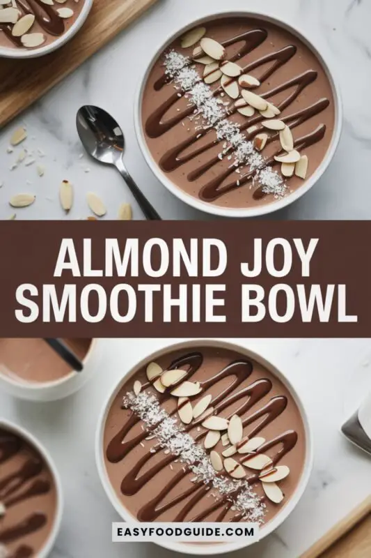 almond-joy-smoothie-bowl-1 A colorful Almond Joy Smoothie Bowl with chocolate, coconut, almonds, and chocolate drizzle on a wooden table.