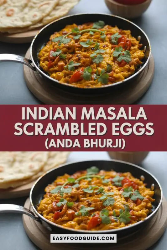 Spicy scrambled eggs with tomatoes and chilies served with buttered naan on a wooden board.