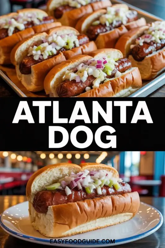 A gourmet Atlanta Dog with coleslaw and Vidalia onions in a bun, served with fries on a rustic table.