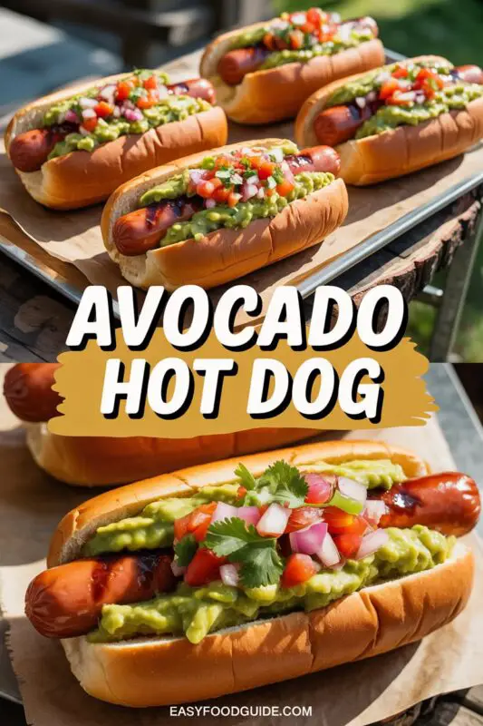 A gourmet avocado hot dog with beef frank, guacamole, pico de gallo, and cilantro on a wooden table with lime wedges.