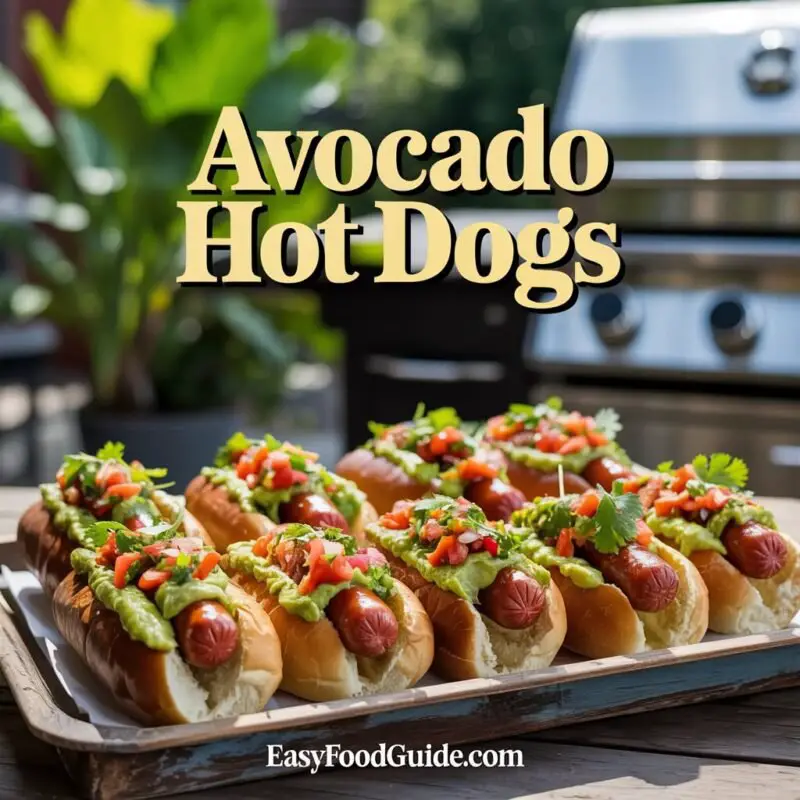 A gourmet avocado hot dog with beef frank, guacamole, pico de gallo, and cilantro on a wooden table with lime wedges.
