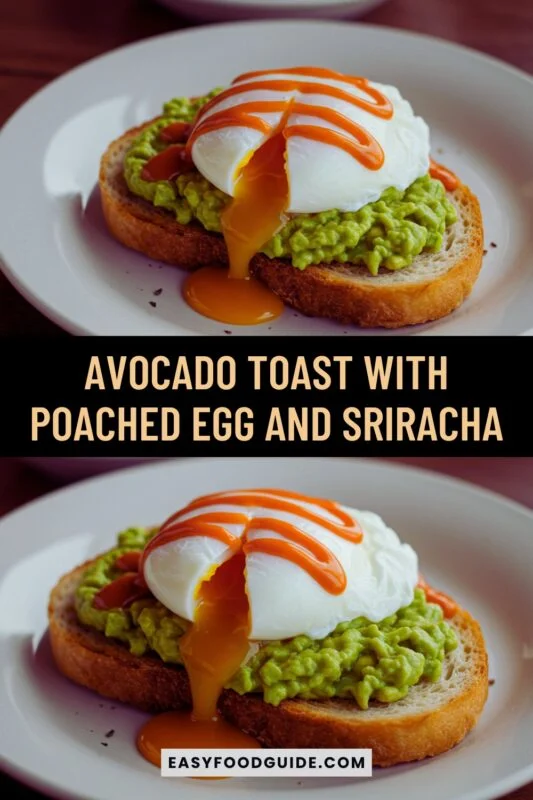 avocado-toast-egg-sriracha-1 Avocado toast topped with a poached egg and Sriracha sauce on a wooden table.