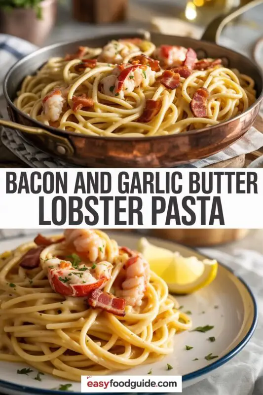 A plate of creamy lobster pasta with bacon and garlic butter, garnished with parsley and Parmesan.