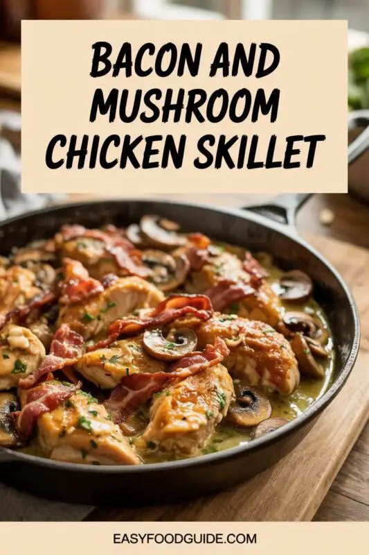 Creamy bacon and mushroom chicken skillet with chicken breasts, mushrooms, and bacon in a skillet.