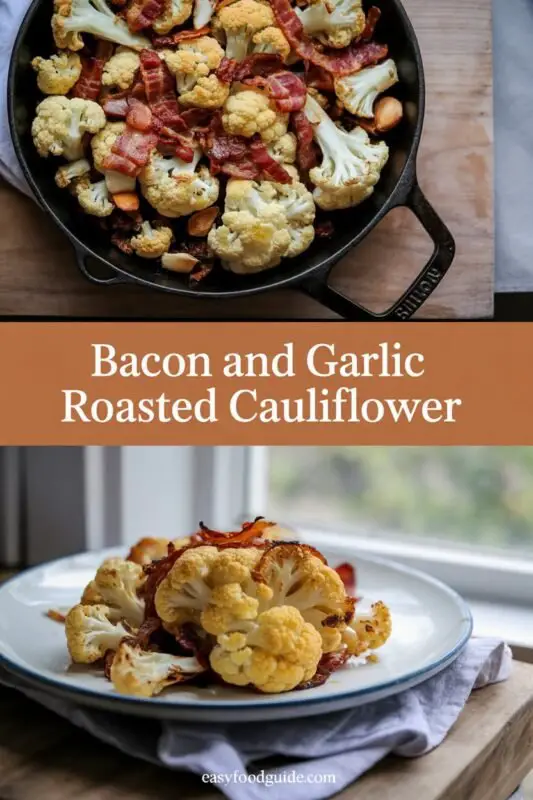 Bacon and Garlic Roasted Cauliflower in a bowl, garnished with parsley, on a wooden table.
