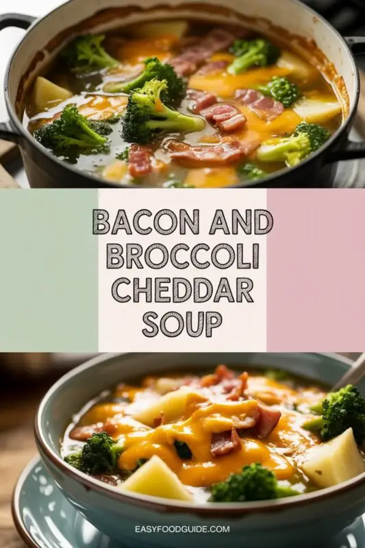 A hearty bowl of bacon and broccoli cheddar soup with broccoli, bacon, and cheese, served with crusty bread.
