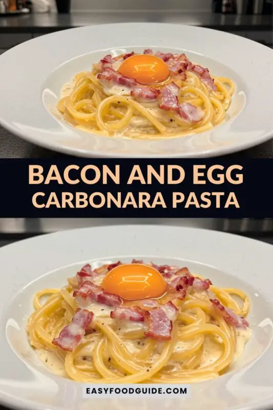 bacon-egg-carbonara-1 A bowl of spaghetti carbonara with crispy bacon and a fresh egg yolk, served in a modern kitchen.