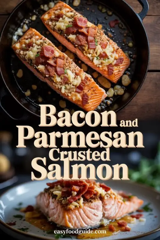 Bacon and Parmesan crusted salmon fillet garnished with parsley and lemon wedges on a wooden table.