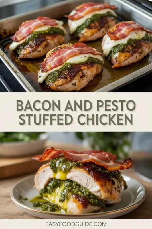 Bacon and Pesto Stuffed Chicken Breast with crispy bacon and melted mozzarella, garnished with basil on a wooden table.