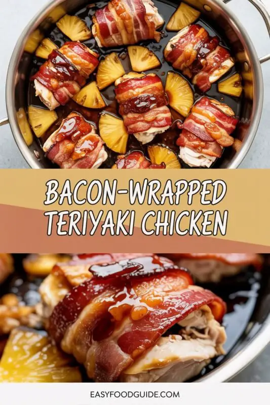 Bacon-Wrapped Teriyaki Chicken skewers with pineapple on a platter, garnished with herbs.