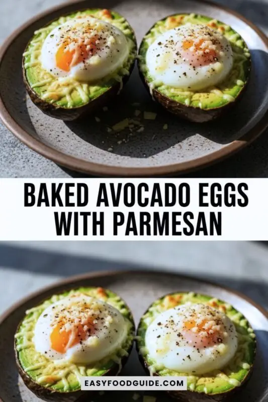 Baked avocado halves with eggs and Parmesan cheese, garnished with microgreens on a marble counter.