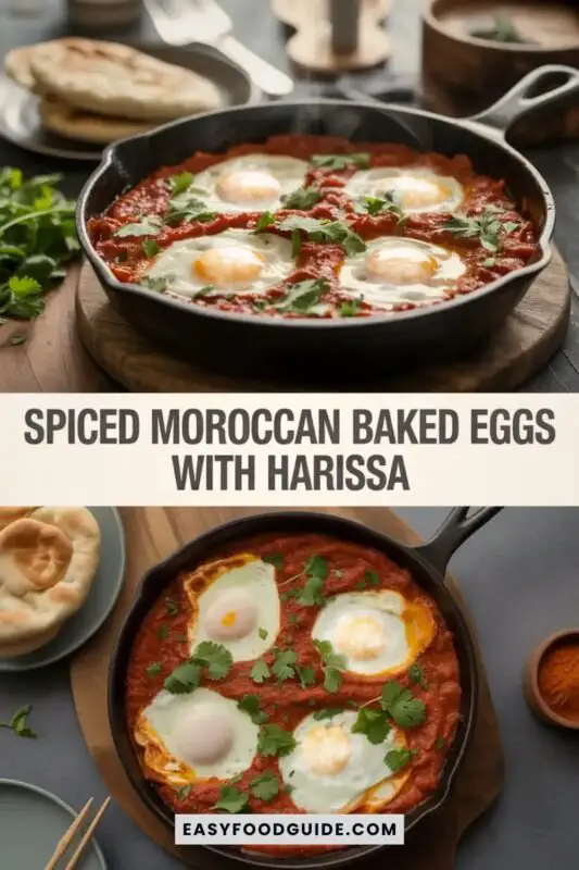 baked-egg-harissa-1 A skillet of spiced Moroccan baked eggs in tomato sauce with herbs and pita bread on a wooden table.