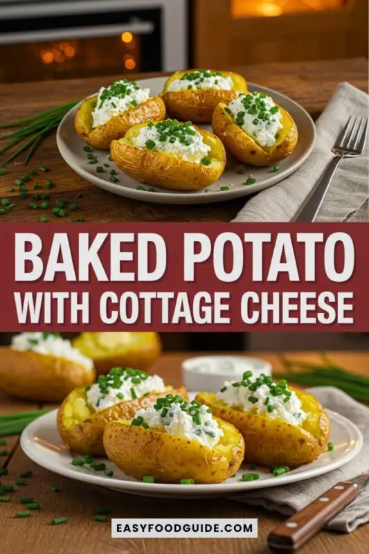 Baked potato topped with cottage cheese and chives on a wooden table.