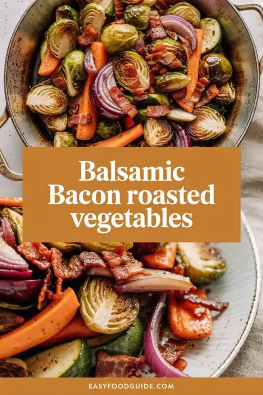 A colorful array of roasted Brussels sprouts, carrots, red onions, and zucchini with crispy bacon, drizzled with balsamic glaze on a rustic table.