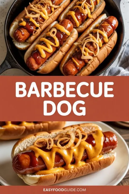 BBQ beef hot dog in a bun with barbecue sauce, cheddar cheese, and fried onions on a wooden table with chips.