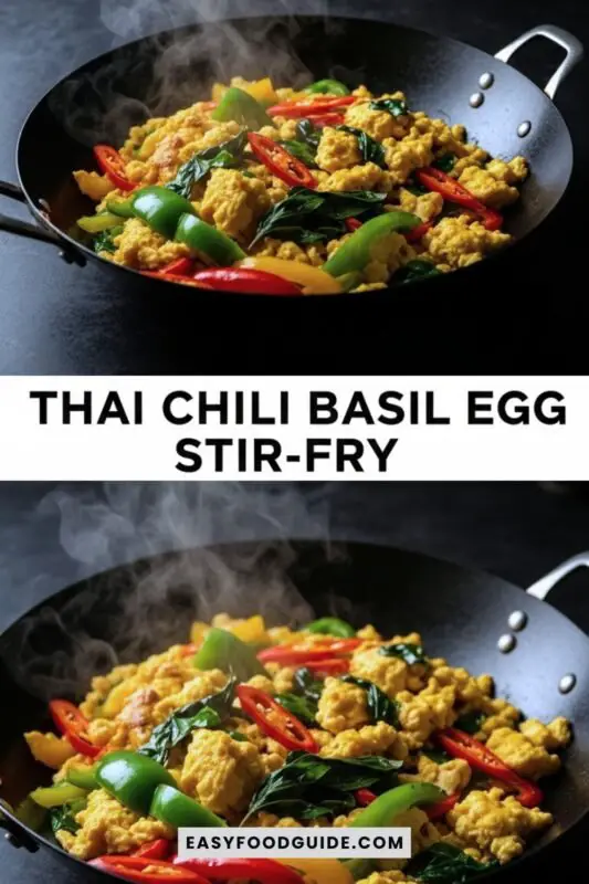 A vibrant Thai Chili Basil Egg Stir-Fry with scrambled eggs, basil, chilies, and bell peppers in a wok on a dark kitchen counter.