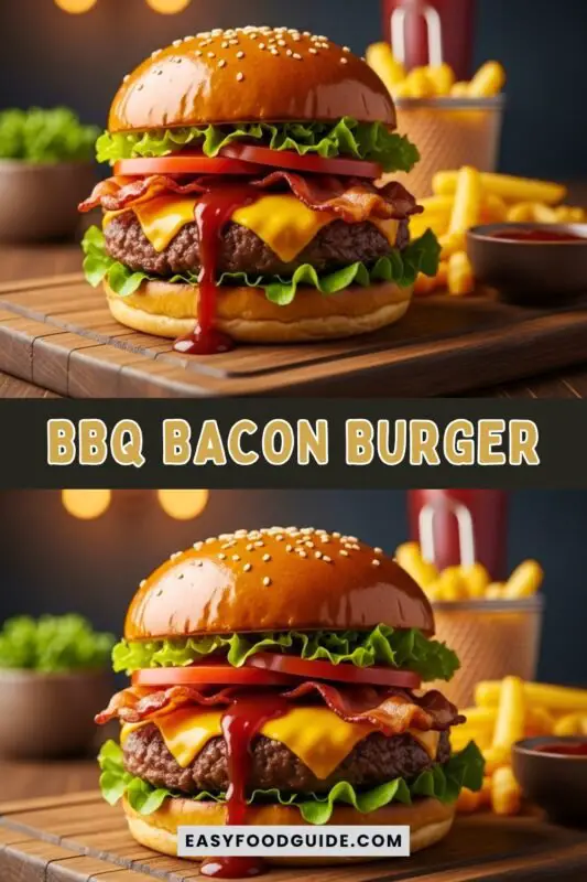 bbq-bacon-burger-01 A gourmet BBQ Bacon Burger with beef patty, cheddar cheese, crispy bacon, BBQ sauce, lettuce, and tomato on a toasted brioche bun, served with fries.