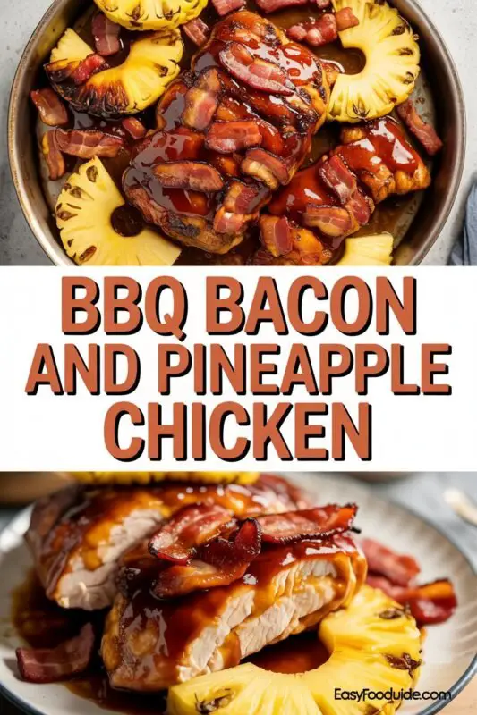 BBQ Bacon and Pineapple Chicken with bacon, pineapple, and BBQ sauce on a plate.
