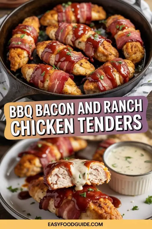 BBQ Bacon Wrapped Chicken Tenders on a plate with BBQ sauce and parsley.