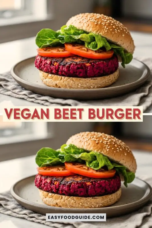 A gourmet vegan beet burger with fresh lettuce and tomato on a rustic wooden table.