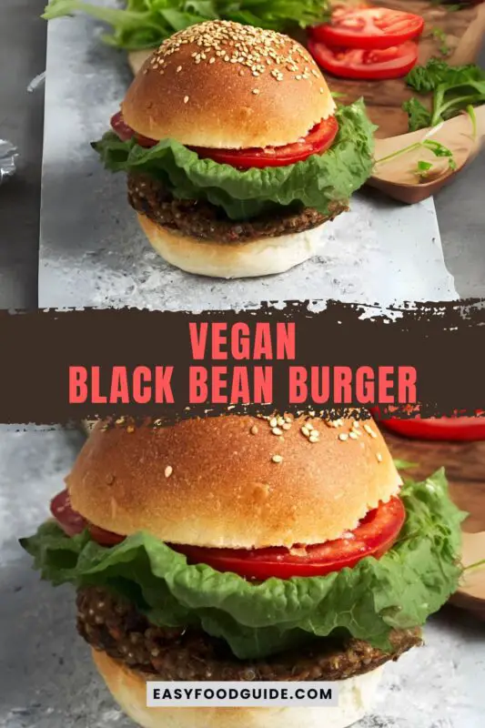 A delicious vegan black bean burger on a whole wheat bun with lettuce and tomato, presented in a rustic setting.
