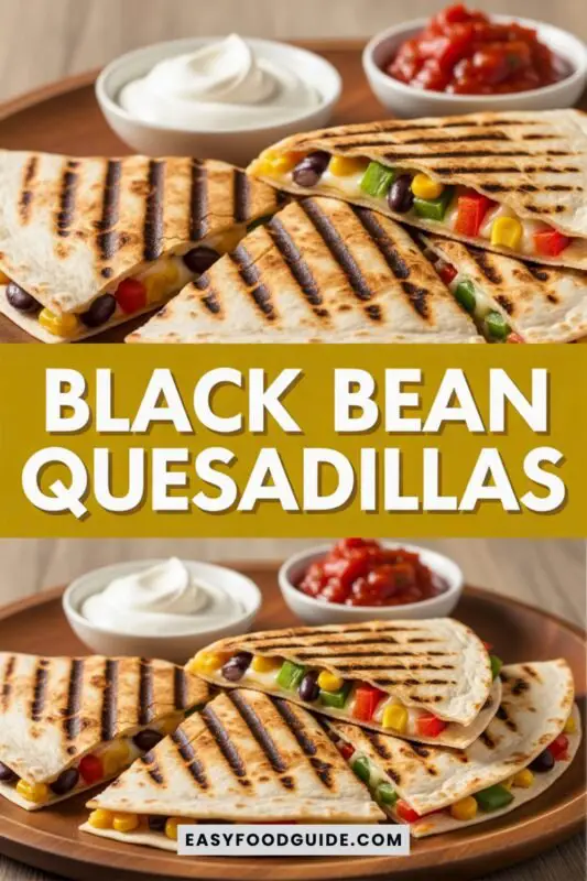Golden-brown black bean quesadillas with cheese, served with salsa and sour cream on a rustic table.
