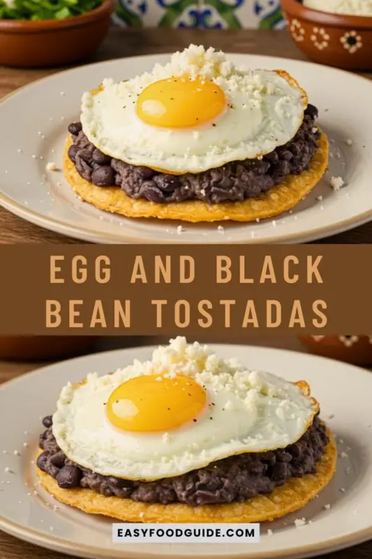 Crispy tostadas topped with mashed black beans, fried eggs, and cotija cheese, garnished with cilantro on a rustic table.