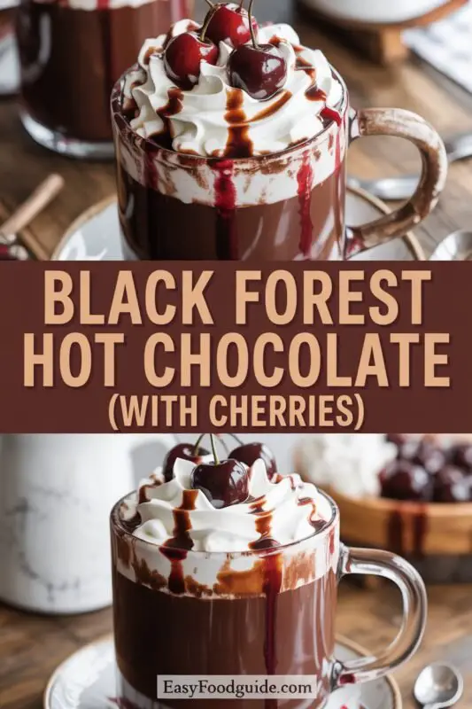 A cozy mug of Black Forest hot chocolate topped with whipped cream, chocolate shavings, and cherries.