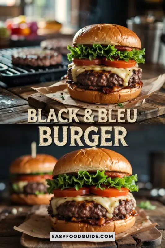 black&bleu-burger-1 A gourmet Black & Bleu Burger with a juicy beef patty, blue cheese, lettuce, and tomato on a toasted bun, set on a rustic wooden table.