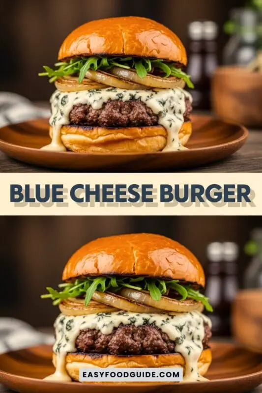 blue-cheeseburger-1 A gourmet blue cheese burger with beef patty, blue cheese, caramelized onions, and arugula on a wooden plate.