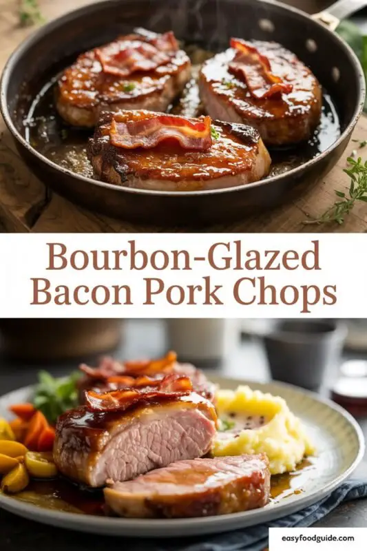 Bourbon-Glazed Bacon Pork Chops with bacon crumbles, mashed potatoes, and roasted vegetables on a rustic table.