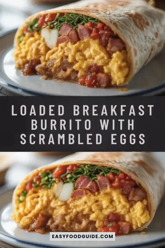 breakfast-burrito-1 A loaded breakfast burrito filled with scrambled eggs, cheese, and bacon, served with fresh salsa on a wooden table.