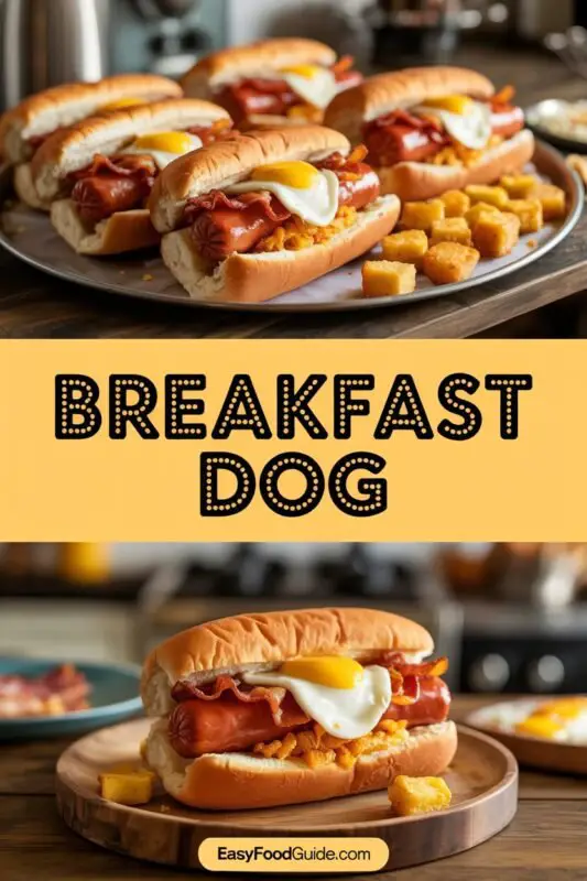 A breakfast hot dog with beef frank, fried egg, bacon, and hash browns on a plate.