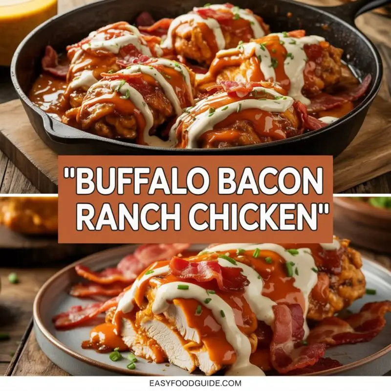 Buffalo Bacon Ranch Chicken with melted cheese, crispy bacon, and ranch dressing on a plate.