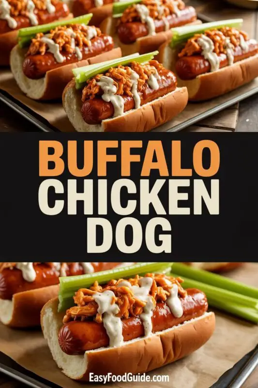 Buffalo Chicken Dogs with beef franks, buffalo chicken, ranch dressing, and celery on a wooden table.