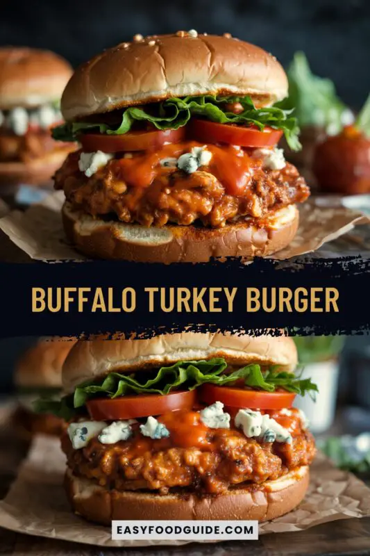 A spicy Buffalo Turkey Burger with blue cheese, lettuce, and tomato on a toasted bun, styled on a rustic wooden table.