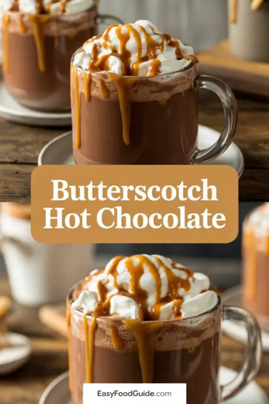 A mug of butterscotch hot chocolate topped with whipped cream and butterscotch sauce on a wooden table.