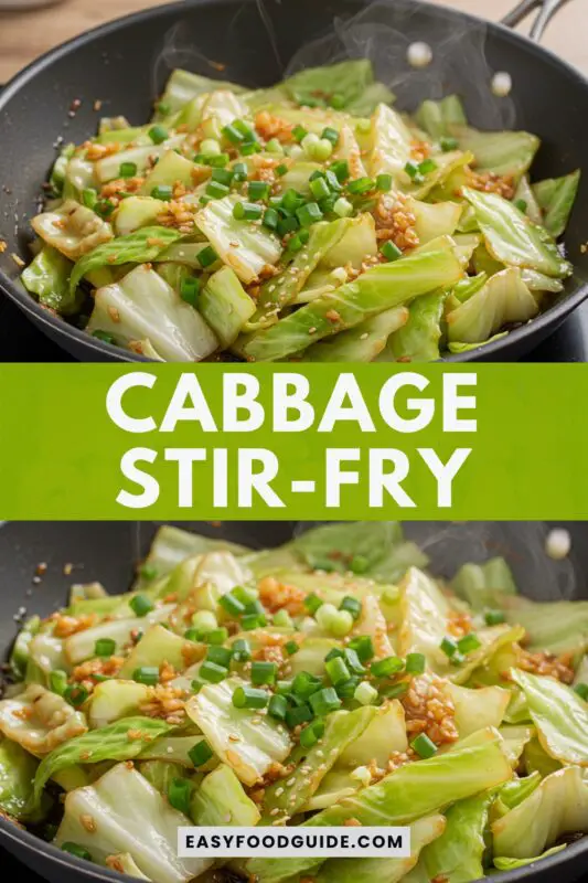 A colorful bowl of cabbage stir-fry with garlic and soy sauce, garnished with green onions, served with chopsticks.