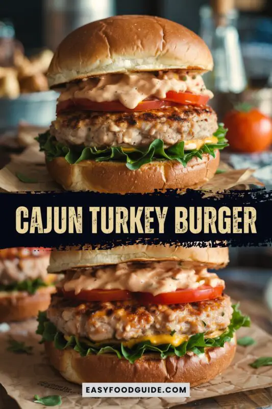 A gourmet Cajun Turkey Burger with lettuce, tomato, and spicy remoulade on a toasted bun, styled in natural light.