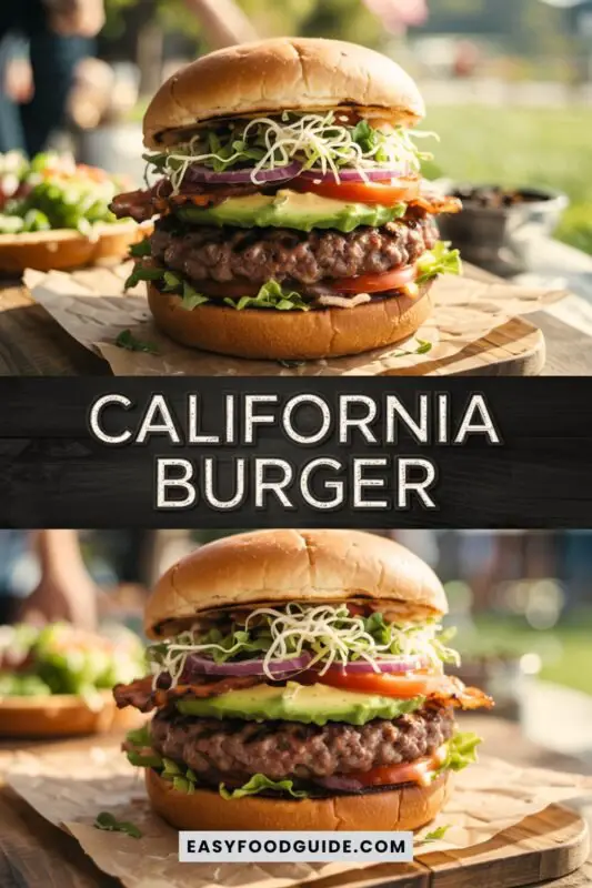 california-burger-1 A gourmet California Burger with beef patty, avocado, sprouts, tomato, lettuce, and onion on a wooden table.