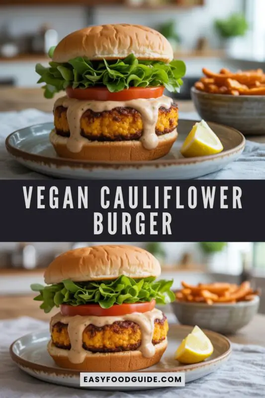 A crispy vegan cauliflower burger with roasted cauliflower, chickpeas, lettuce, tomato, and tahini sauce on a wooden board.