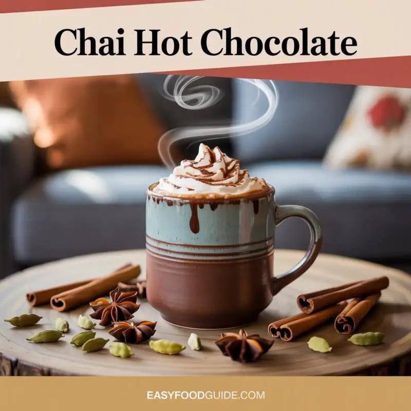 A cup of Chai Hot Chocolate with whipped cream and chai spices, set in a warm cozy environment.